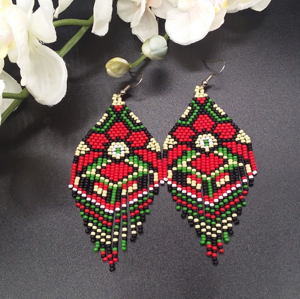 Red Flower Beaded Fringe Earrings